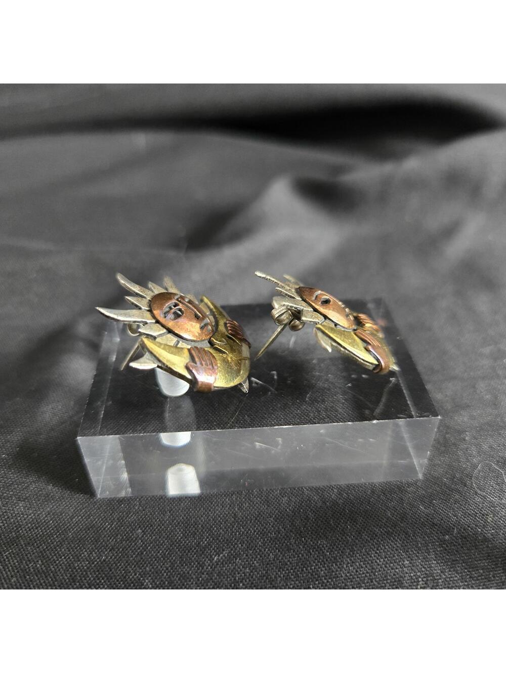 Vintage Taxco Sterling Silver Sun Moon Face Earrings Mixed Metal 925 Copper - Picture 3 of 8